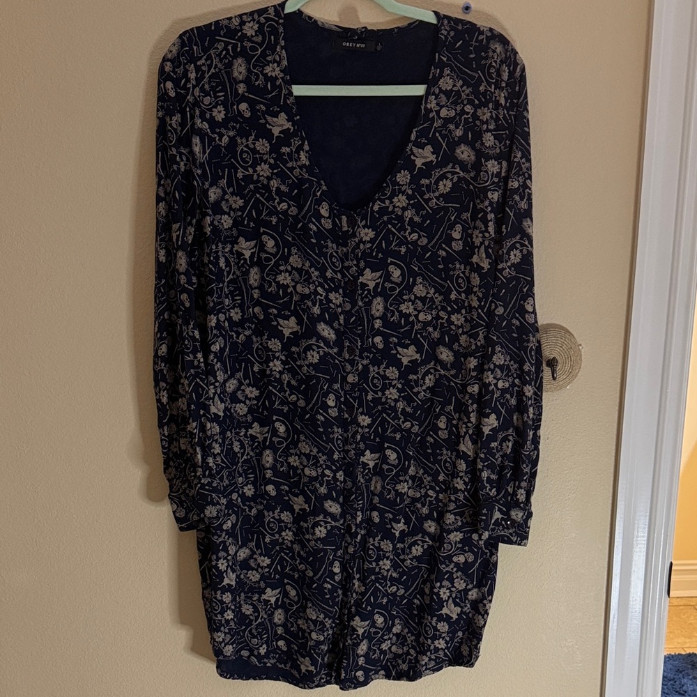 Obey Dark Blue Long Sleeve Dress with Floral Print